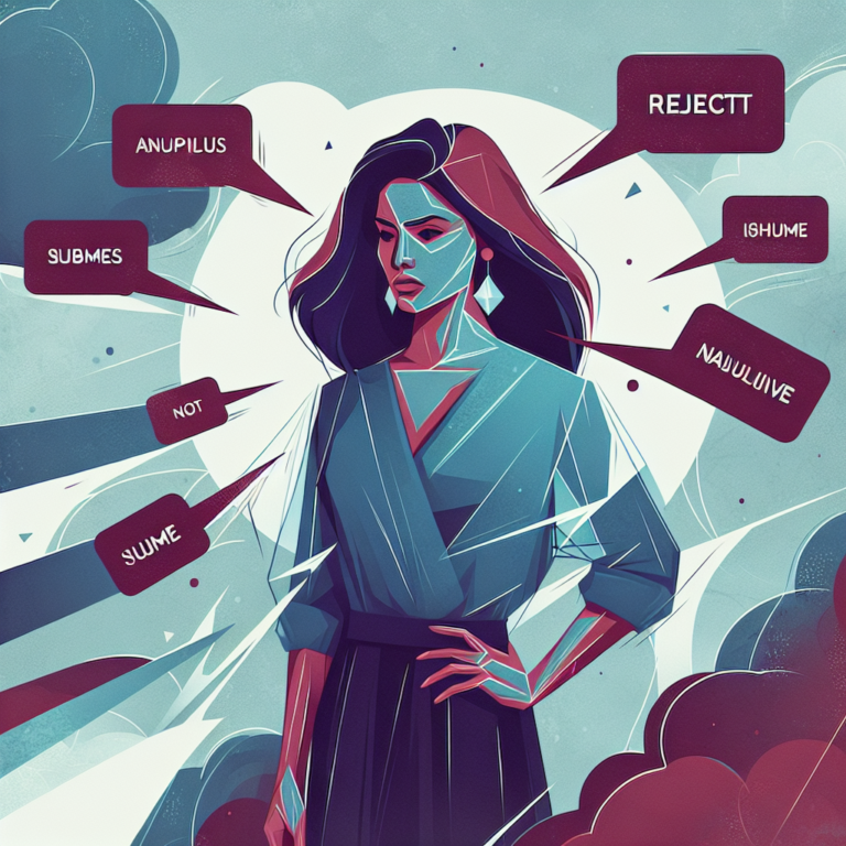 A tense situation with a person standing confidently, rejecting manipulative comments symbolized by floating text phrases around them, in a modern and symbolic style.