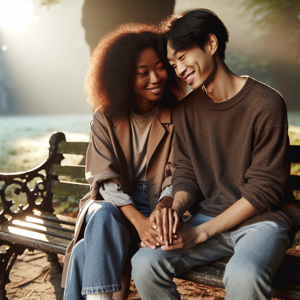 A couple sitting closely together on a vintage park bench, surrounded by soft morning light filtering through trees. They hold hands, smiling warmly at each other, capturing the essence of a delicate new beginning in a romantic relationship.