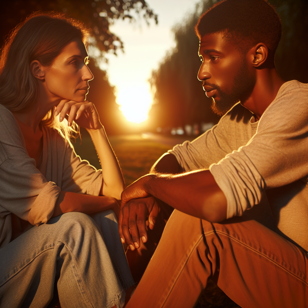 A calm, empathetic conversation between two individuals, portraying understanding and mutual respect during a breakup, in a soft, warm color palette.