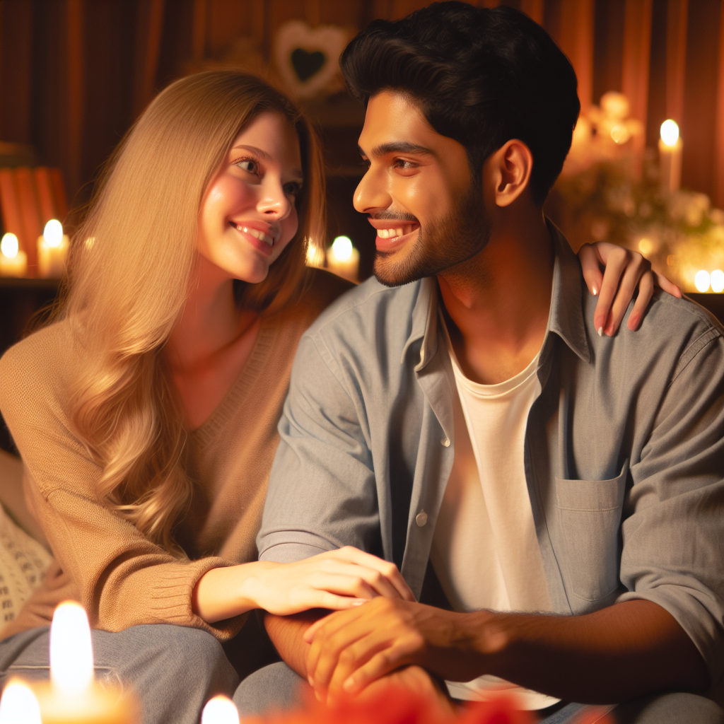 A couple in a warm, intimate setting, looking happy and relaxed, symbolizing a new relationship's beginning. They are sitting close, smiling at each other, surrounded by a cozy atmosphere with soft lighting and heartfelt decorations.