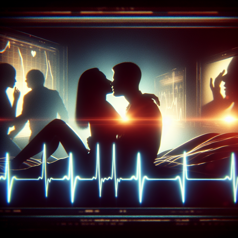 An intriguing, artistic representation of iconic movie and series intimate scenes, capturing silhouettes of passionate moments in a dimly lit cinema environment, with a scientific twist showing heart rate monitors faintly glowing in the background.