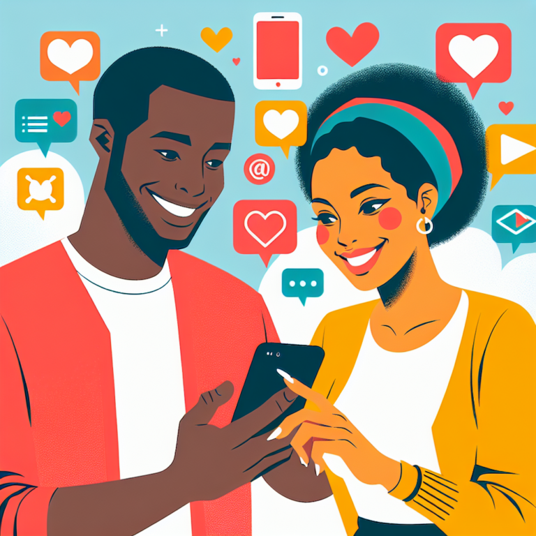 A modern, engaging illustration of a diverse couple using a smartphone together, smiling and engaged, with app icons floating around them, symbolizing connection, love, and technology.