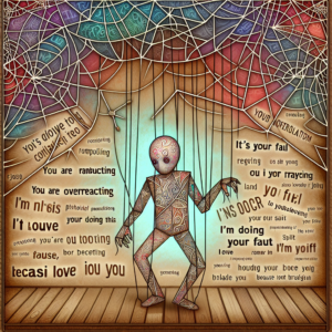 An illustration of a tangled web with a puppet controlled by strings, symbolizing manipulation. The background is a psychological mindmaze, with phrases like 'You are overreacting', 'It’s your fault', and 'I’m doing this because I love you' woven into the pattern.