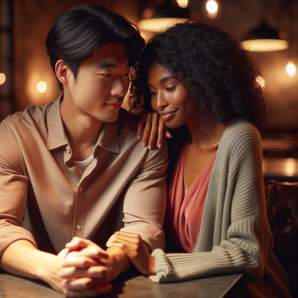 A romantic couple sitting at a cozy cafe, engaging in a deep conversation, with warm lighting creating an intimate and serene atmosphere. The couple looks happy and relaxed, symbolizing the beginning of a loving relationship.