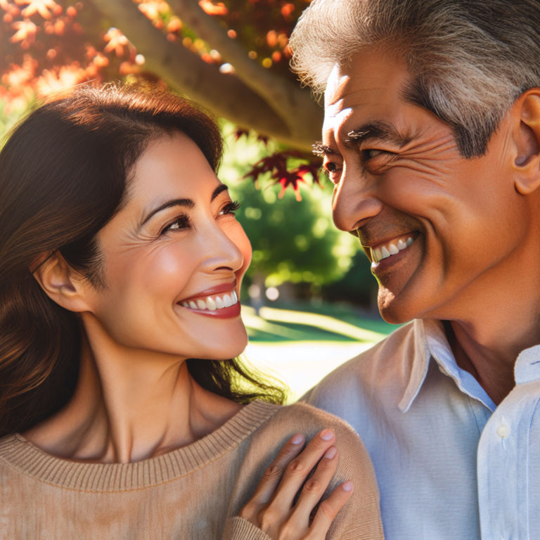 A diverse couple, clearly in love, with a significant age difference, sharing a joyful moment in a sunny park. The couple should appear happy and connected, showcasing acceptance and understanding in their relationship.