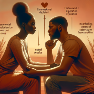 A thoughtful illustration depicting an emotional yet supportive breakup conversation between a couple, set in a calming environment with warm colors.