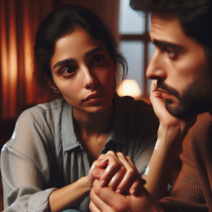 A diverse couple, deep in thoughtful conversation, in a cozy, warmly lit room. They are focused, emotionally engaged, perhaps holding hands, symbolizing support and understanding, symbolizing the fragility and strength in relationships.