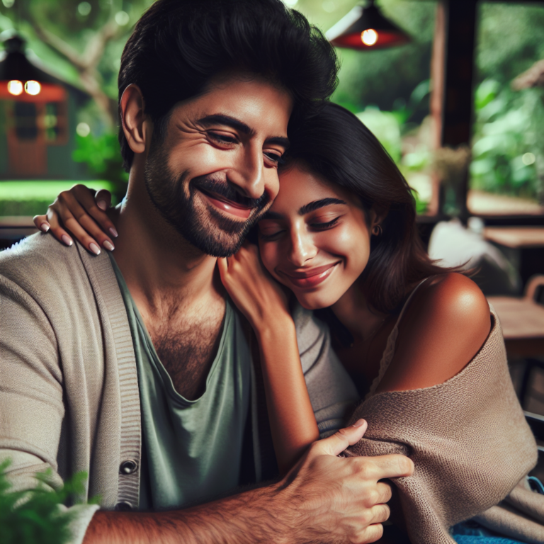 A romantic couple enjoying a peaceful moment together, sitting close, with serene smiles. They are in a cozy setting, perhaps in a park or at a café, with warm lighting and gentle ambiance, capturing the essence of a blossoming relationship.