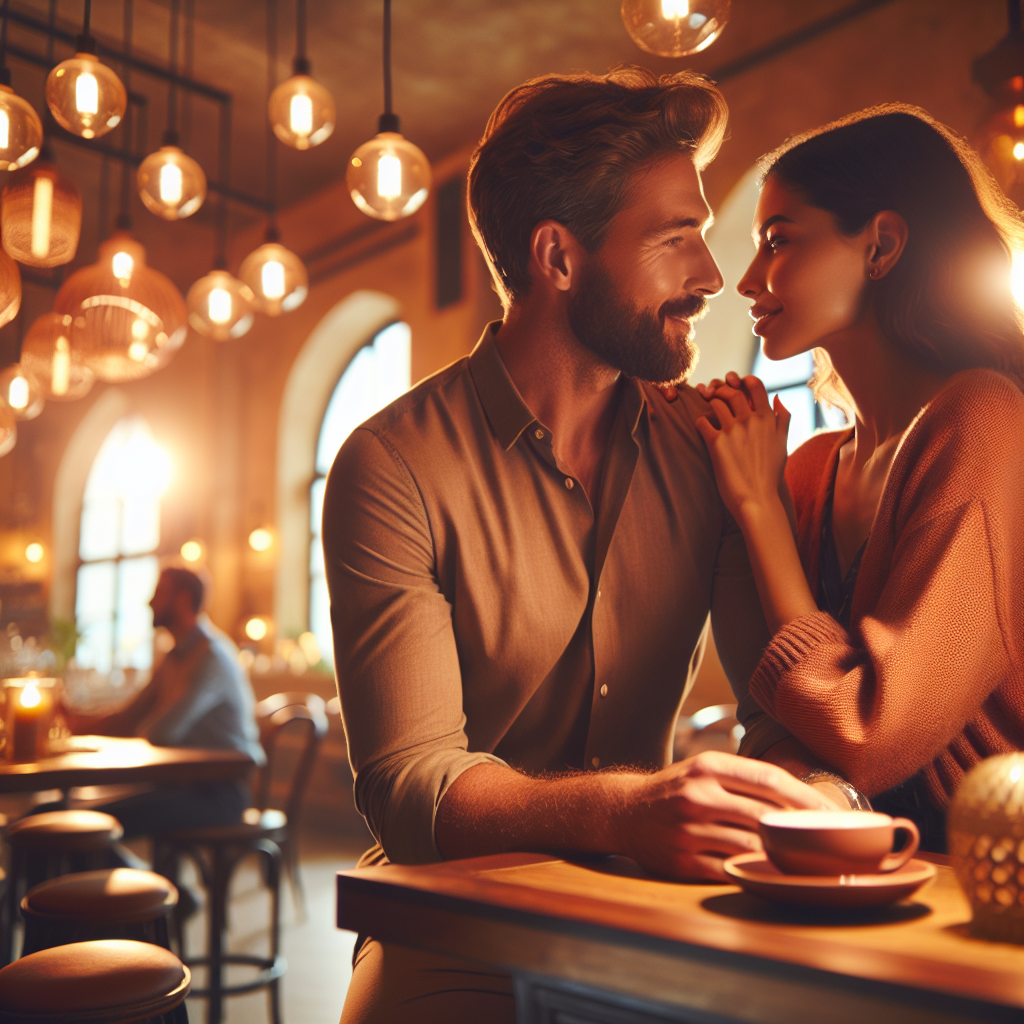 A warm, romantic scene of a couple sitting together, sharing a quiet and intimate moment at a cozy café. They are deeply engaged in conversation, surrounded by soft ambient lighting and gentle decorations, evoking the atmosphere of early dating excitement and emotional connection.