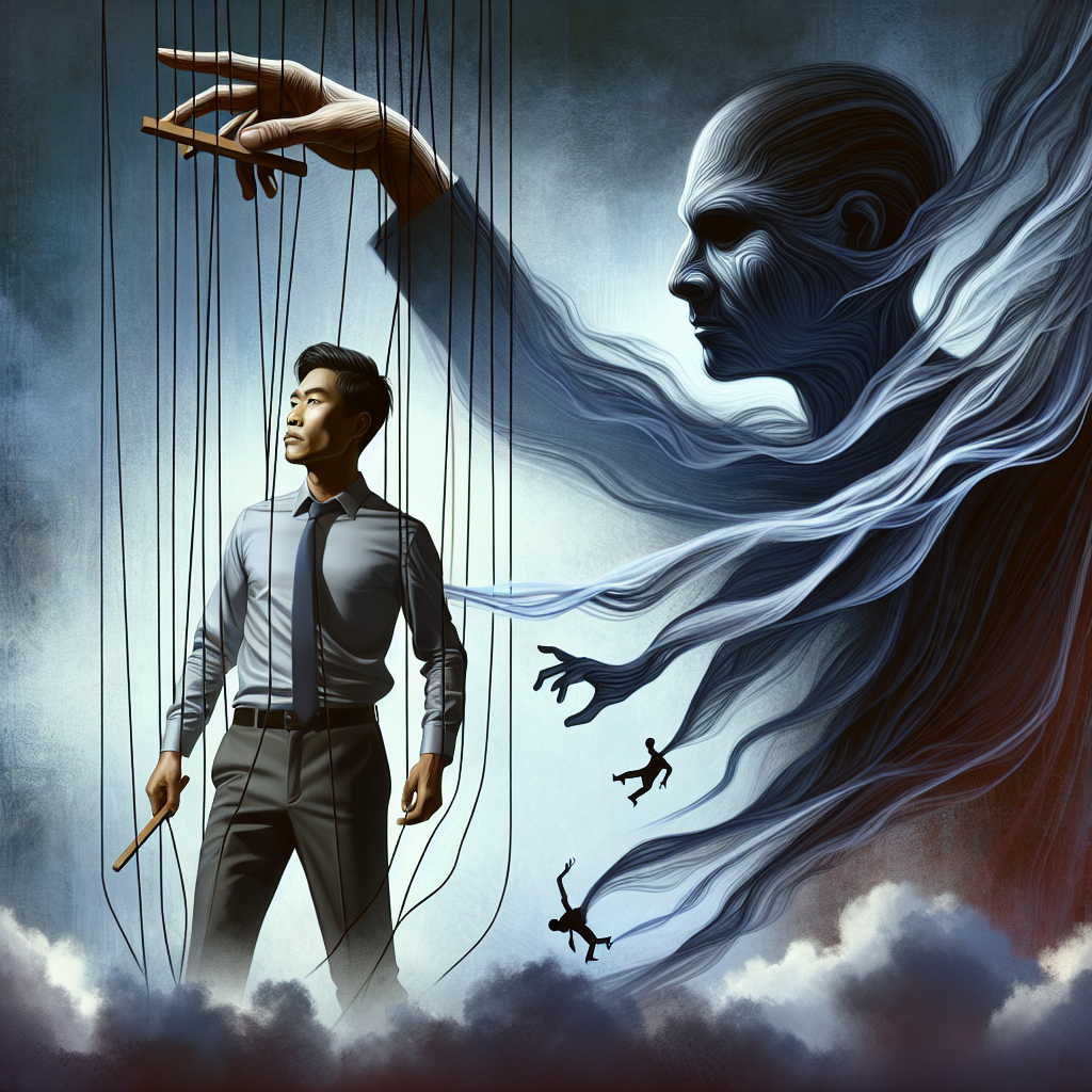 A complex and psychological-themed illustration depicting a person breaking free from puppet strings manipulated by a shadowy figure, symbolizing the manipulation by a narcissist.