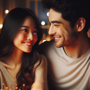 A romantic couple in an intimate, cozy setting, softly lit ambiance, with both partners smiling and looking deeply connected, capturing the essence of a new relationship.