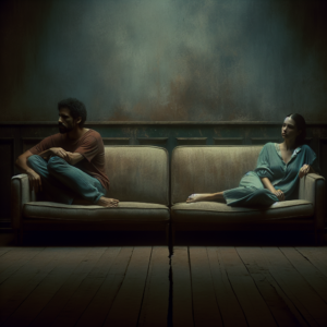 A disheartened couple sitting at opposite ends of a sofa, with muted colors to depict emotional distance, conveying the theme of a relationship coming to an end.