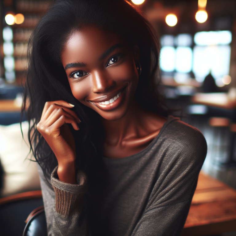 A woman with a bright smile and sparkling eyes, subtly touching her hair while seated in a cozy cafe. The background shows a warm, inviting atmosphere with soft lighting. The scene is intimate and friendly, conveying a sense of affection and attention.