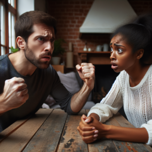 A couple in a heated argument, sitting at a table, with one partner expressing frustration and the other with a surprised expression. The setting should be intimate, reflecting a domestic environment, emphasizing communication barriers.