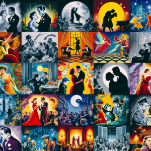 A vibrant and colorful collage of various romantic and sensual movie scenes from classic films, depicting passionate moments and intimate settings, with an artistic flair that emphasizes fantasy and emotion.