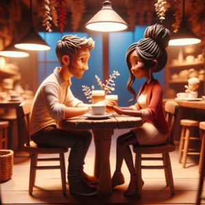 A warm, romantic scene showing a couple at the beginning of their relationship, possibly on a first date in a charming café setting, with soft, ambient lighting.