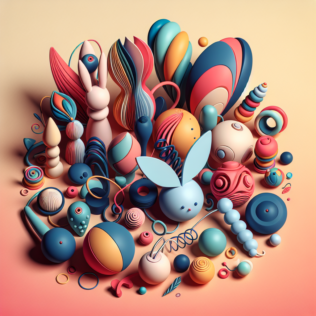 A colorful and artistic illustration of innovative sextoys on a soft pastel background, showing a variety of shapes and textures such as the rabbit Enigma Cruise, Filare, and Vesper necklace, emphasizing modernity and diversity in design.