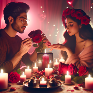 A romantic Valentine's Day scene with a couple enjoying a candlelight dinner, a table decorated with red roses and chocolates, soft pink and red lighting, and a warm, intimate atmosphere.