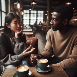 A calm, empathetic conversation between two people at a cozy coffee shop, where one is explaining their feelings gently. The atmosphere is intimate and respectful, conveying emotional understanding and care.