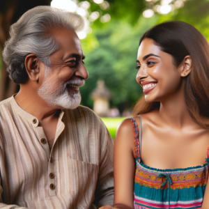 A diverse couple with a significant age difference enjoying a peaceful moment together, illustrating love transcending age barriers. They are sitting in a picturesque park, sharing a joyful and intimate conversation, capturing the essence of mutual respect and happiness.