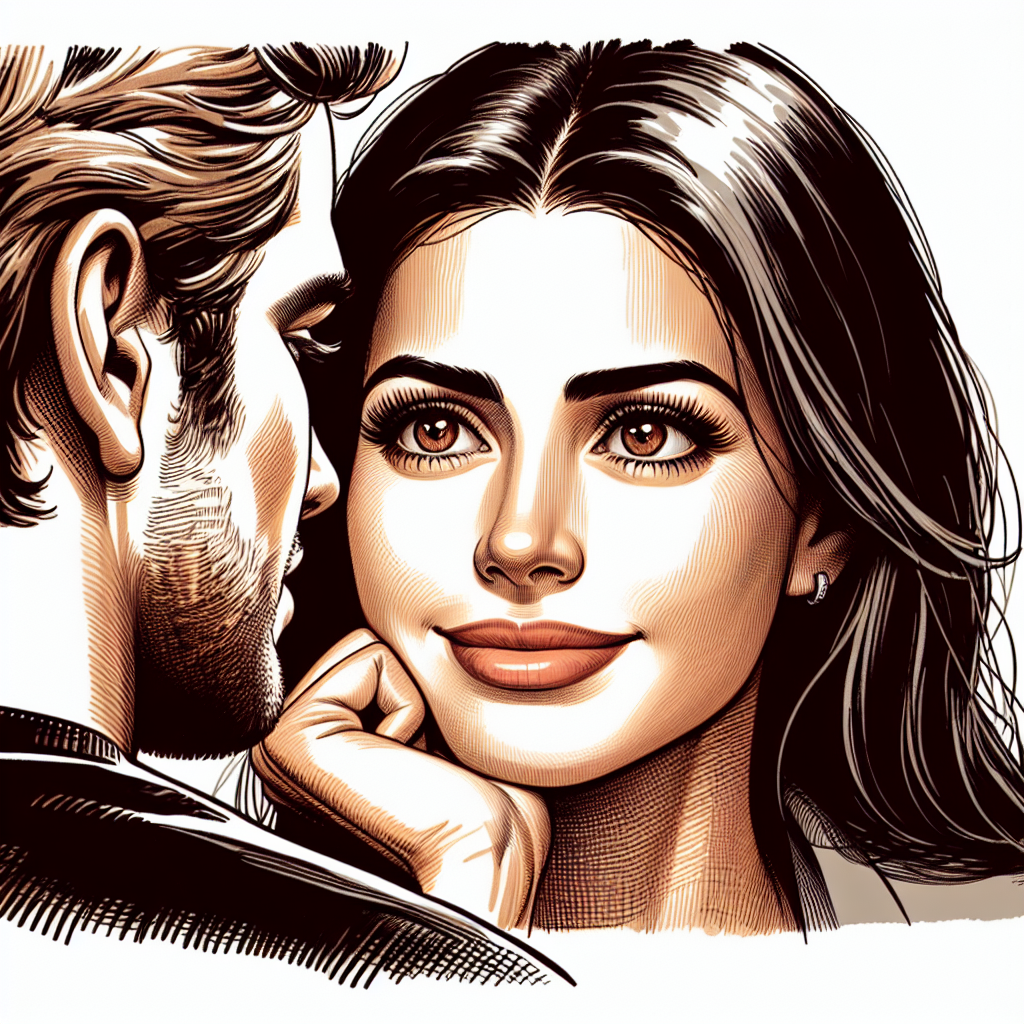 A thoughtful illustration of a woman looking lovingly at her partner, with subtle cues like dilated pupils and a gentle smile, capturing the essence of affectionate body language.