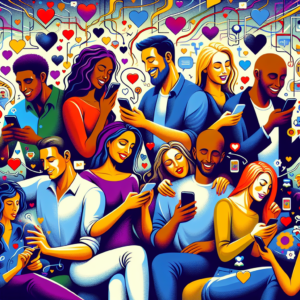 A diverse group of couples happily interacting with each other while using various smartphone apps, symbolizing digital connection and intimacy. The illustration should include a colorful and lively atmosphere with heart and love-themed elements.