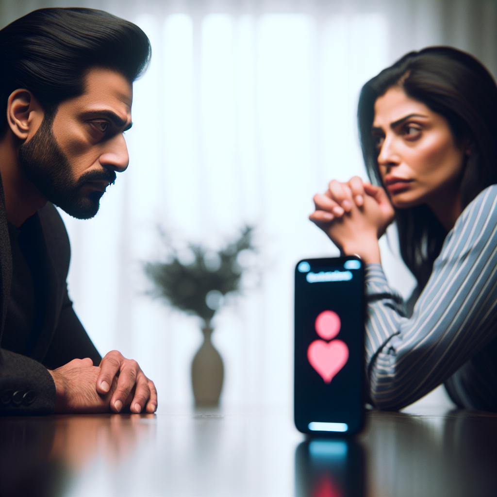 A couple in a tense discussion, with a smartphone displaying a dating app in the background, symbolizing the suspicion and trust issues in relationships.