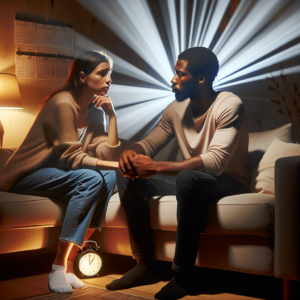 A couple sitting together on a sofa, visibly in deep conversation, with expressions of concern yet hope. The room has warm lighting. Symbolic representations of different stages in a relationship, like a clock or calendar, subtly included in the background.