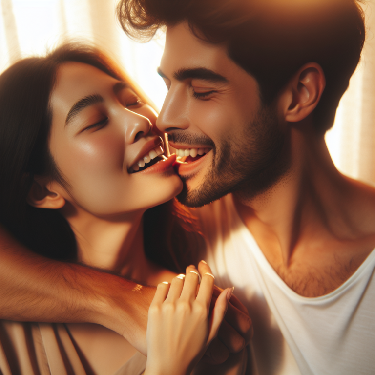 A tender and affectionate couple sharing a playful moment. The scene captures the whimsical nature of wanting to gently bite a loved one, with warm colors and soft lighting to convey an intimate, cozy atmosphere.