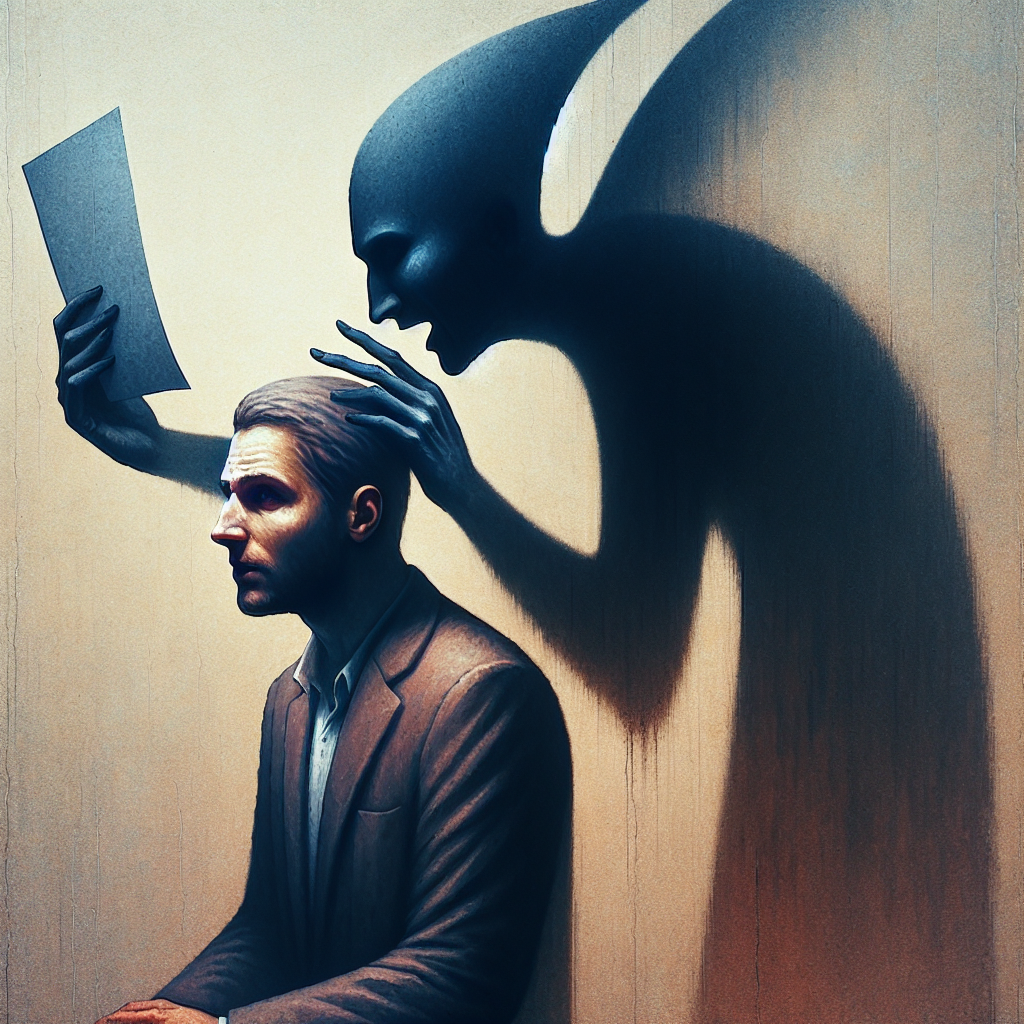 An abstract representation of manipulation, shadowy figure whispering controlling phrases into the ear of a person looking anxious, symbolizing psychological manipulation.