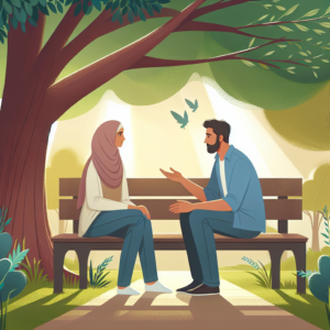 A serene and peaceful setting depicting two people sitting on a park bench, engaged in a calm and thoughtful conversation under a tree, symbolizing an amicable breakup. The atmosphere should be warm and supportive, with a focus on empathy and understanding.