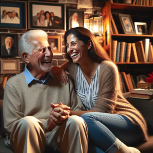 A diverse couple, differing significantly in age, sitting together laughing in a cozy, warmly lit living room. They are surrounded by personal items that hint at their shared history, like books and photo frames, creating an atmosphere of love and mutual respect. The room should reflect a harmonious blend of different generations.