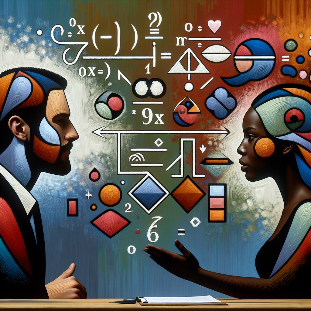 A conceptual image of a mathematical equation floating above a couple arguing, with symbols representing emotions like love, anger, and peace, in a modern, abstract art style.