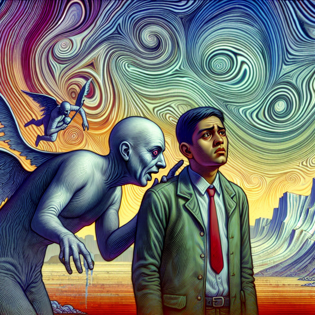 An illustrative image of a shadowy figure whispering manipulative phrases to another person, symbolizing psychological manipulation. The background should be a subtly distorted, surreal landscape to convey a sense of mental entrapment and unease.