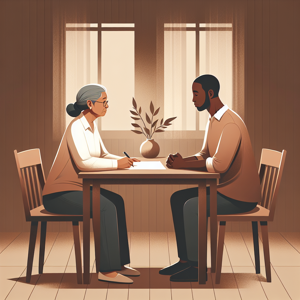 An illustration depicting an older couple calmly discussing and signing divorce papers at a dining table with a neutral, serene setting. The atmosphere reflects understanding and acceptance, while subtle hints of nostalgia are conveyed through soft lighting and warm colors.