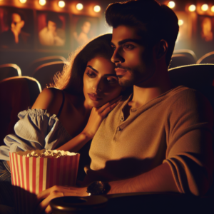 A sensual and romantic cinema scene with a couple watching a film together, an ambient light casting a soft glow, evoking a sense of mystery and intimacy, highlighting the concept of fantasies inspired by movies.