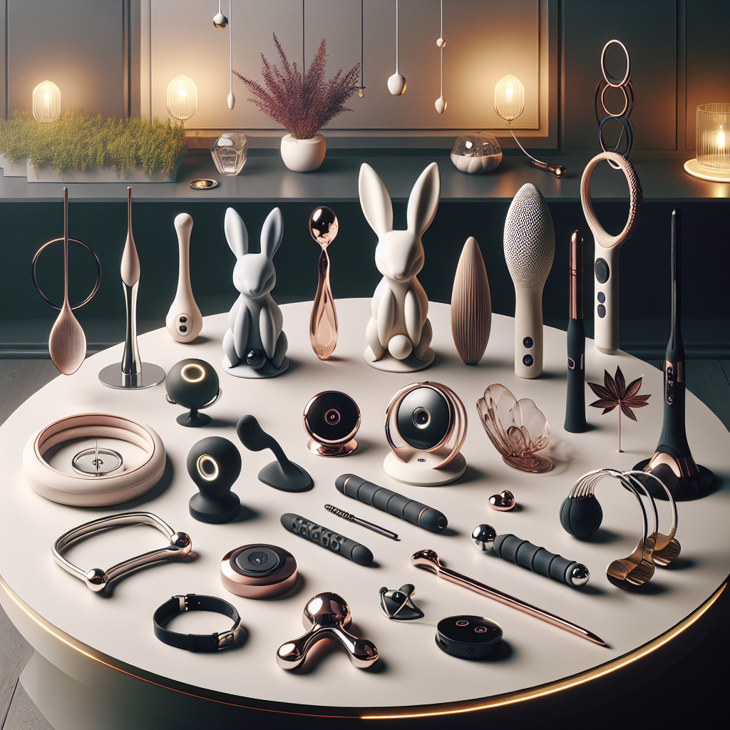 A variety of futuristic and innovative sextoys displayed on a sleek modern table. These include a rabbit-like device with flexible components, a bio-mimicking oral simulation toy, an eco-friendly minimalist toy, a fashion-forward necklace that doubles as a toy, and a charming wood-crafted item. The setting is bright, luxurious, and tech-savvy, reflecting sophistication and modern sensuality.