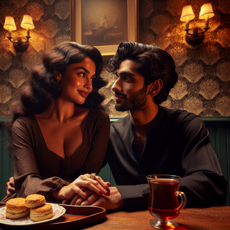 A romantic scene illustrating subtle body language signs of love, such as a woman smiling and looking deeply into the eyes of a man, set in a cozy cafe.