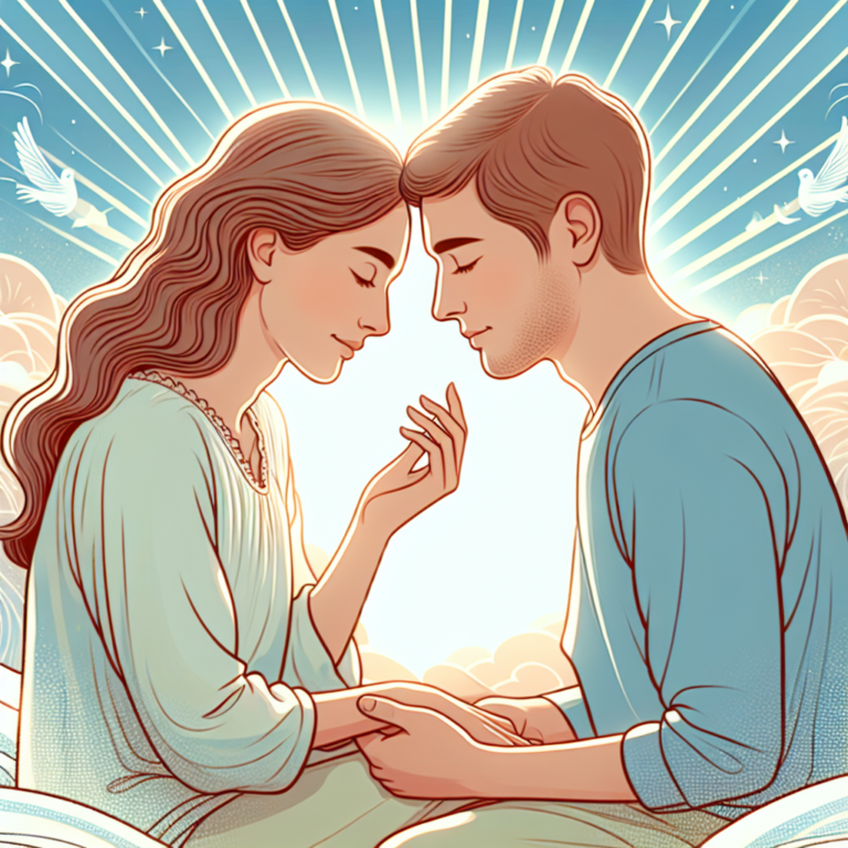 Illustration d'un couple en train d'explorer une intimité non pénétrative, montrant des gestes d'affection et de tendresse, dans une ambiance sereine et lumineuse.