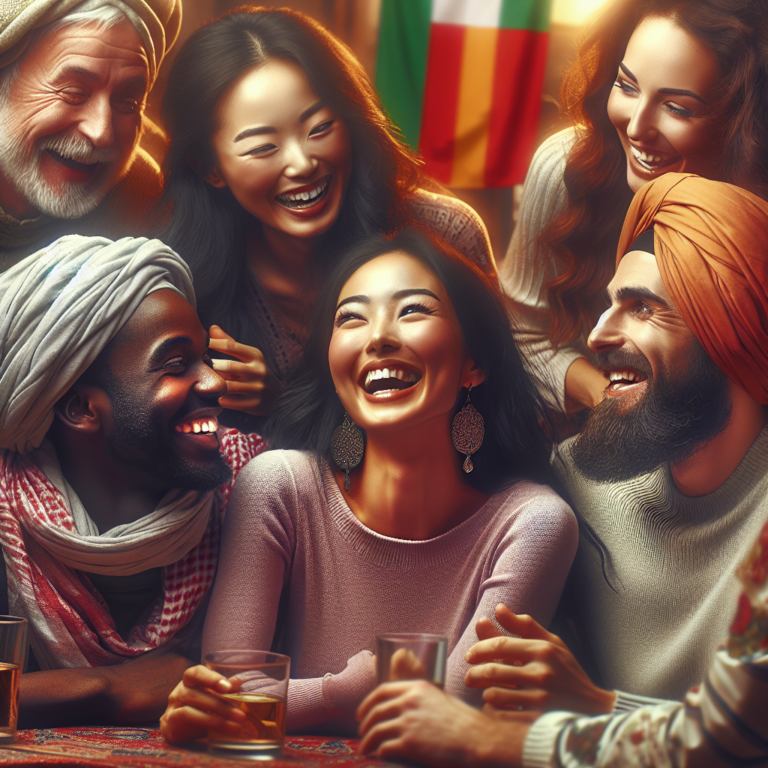 A diverse group of people representing different nationalities, all in a playful and intimate setting, symbolizing multicultural relationships and sexuality.