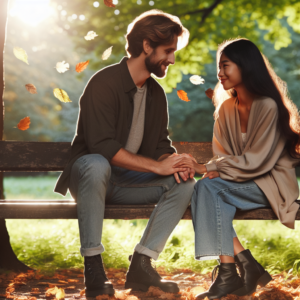 A romantic couple sitting on a bench in a park, subtly holding hands and smiling at each other, surrounded by autumn leaves and gentle sunlight filtering through trees, capturing the essence of a blossoming romantic relationship.