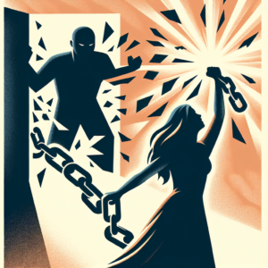 A symbolic image showing a person breaking free from a shadowy figure representing a manipulator. The background illustrates a sense of liberation and empowerment. Use soft, calming colors with a focus on light breaking through darkness.