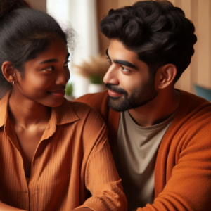 A romantic couple enjoying a peaceful moment together in a cozy setting, capturing the essence of love and connection. The ambiance should be warm and inviting, reflecting genuine affection and mutual understanding.