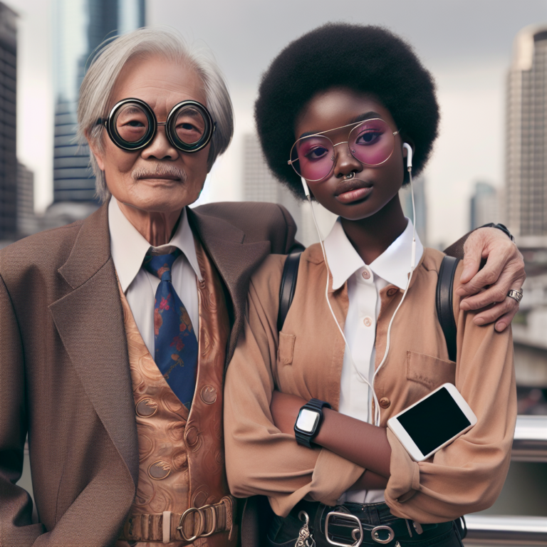 A diverse couple standing together, facing the world confidently. They have a significant age difference, illustrated by their different fashion styles and generational accessories, with a blurred city background emphasizing societal views.