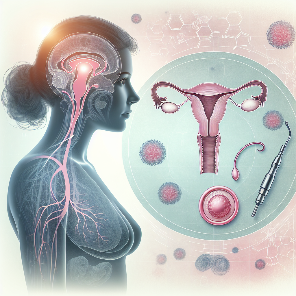 A medical illustration showing a female silhouette with highlighted reproductive system and a side diagram of a hormonal IUD. In the background, soft hues of pink and blue with scientific symbols representing cancer cells, emphasizing the research and medical context.