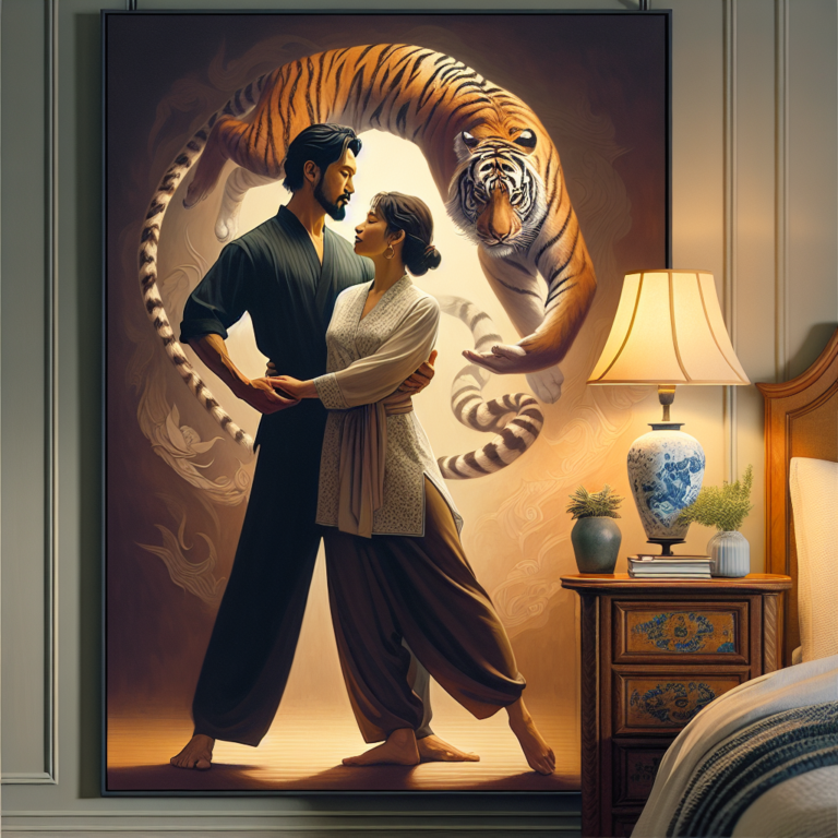 A sensual, intimate scene illustrating a couple engaging in the Tigre and Dragon position, with the focus on comfort and the serene expression of the partners, set in a softly lit bedroom ambience.