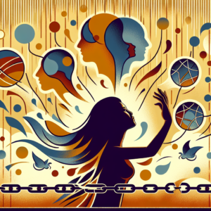 A symbolic image depicting a person breaking free from psychological chains, with abstract shapes representing manipulation tactics used by narcissists. The background should be calm, with warm colors symbolizing empowerment and awareness.