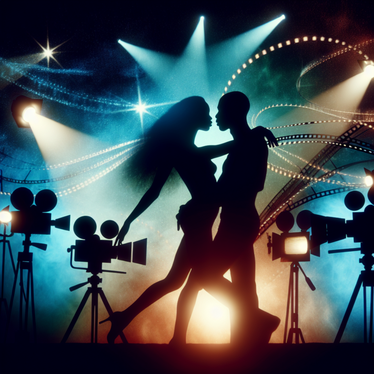 A captivating scene from a romantic film, evoking sensuality and desire, with a silhouette of a couple intertwined against a backdrop of cinematic lights, illustrating the theme of movie-inspired fantasies.