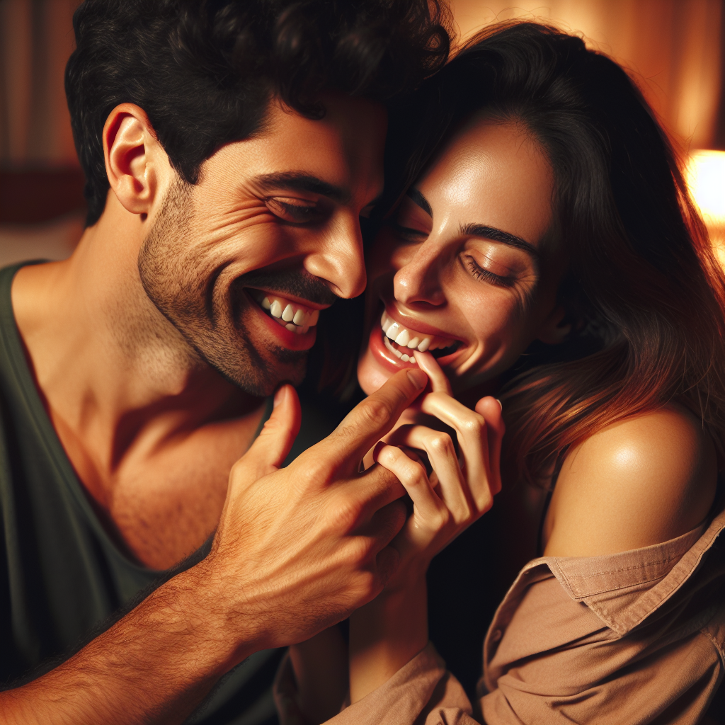 Couple in a playful, intimate moment, laughing and gently play-biting each other, with warm, soft lighting to evoke a sense of affection and comfort.