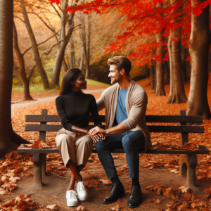 A couple sitting on a park bench, holding hands and smiling, with autumn leaves around them, symbolizing a new relationship blooming in harmony.